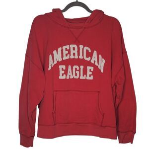 American Eagle Y2K Red White Spell Out Cozy Heavy Hooded Sweatshirt Pocket
